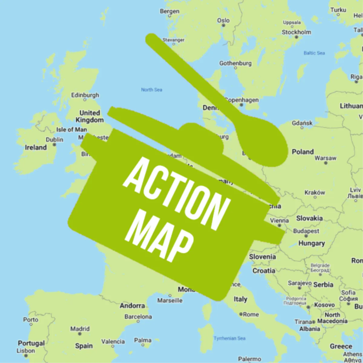 Grafik einer Landkarte von EUropa, darübergelegt ein Kochtopf mit der Aufschrift "Action Map"